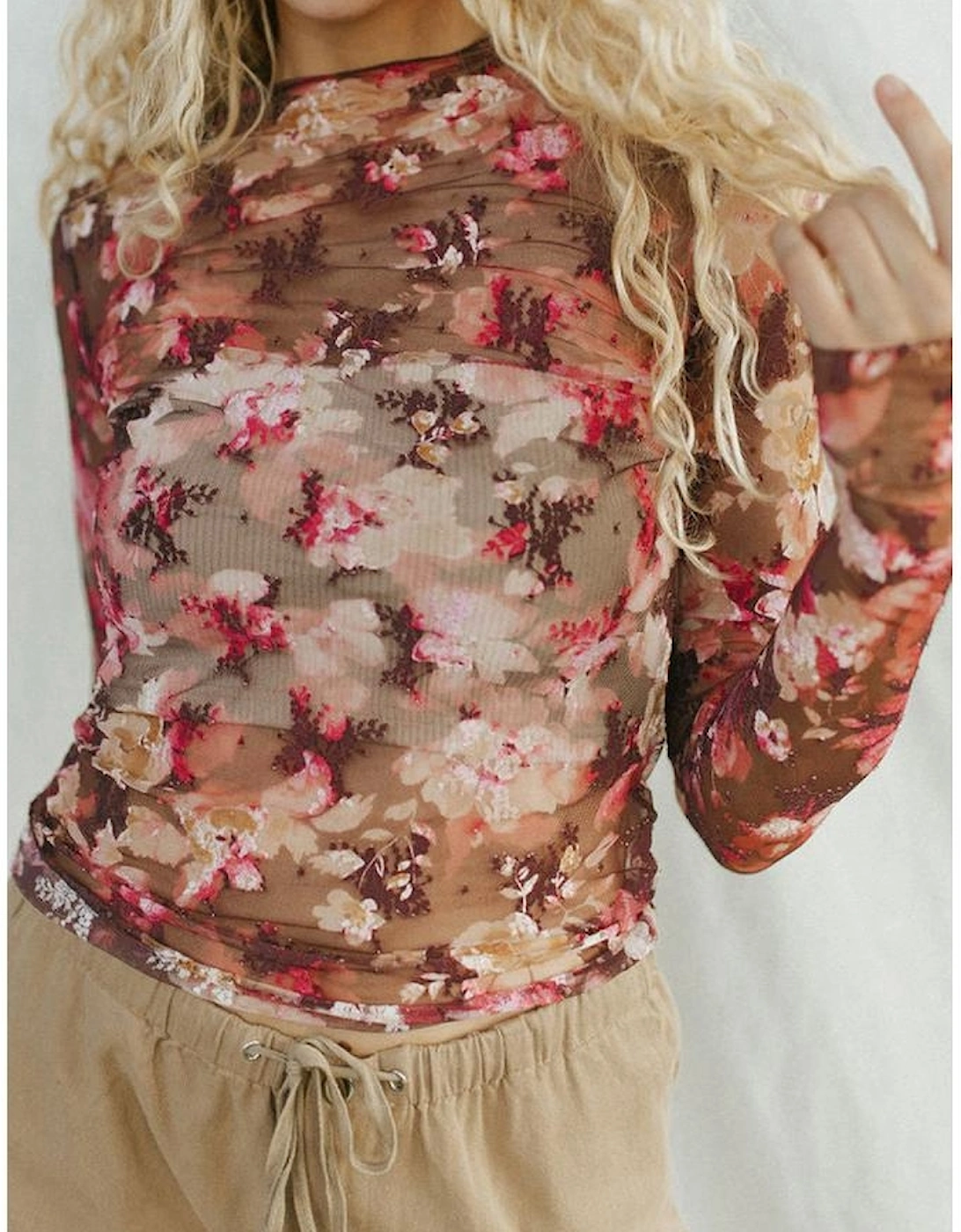 Red Floral Print Sheer Mesh Long Sleeve Top