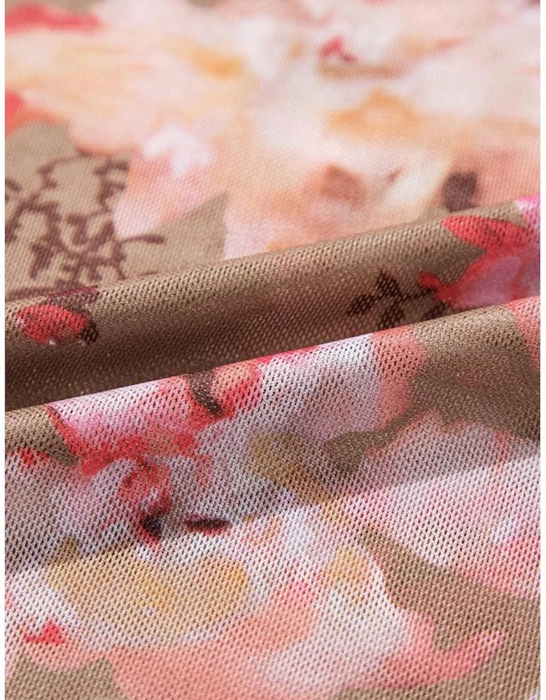 Red Floral Print Sheer Mesh Long Sleeve Top