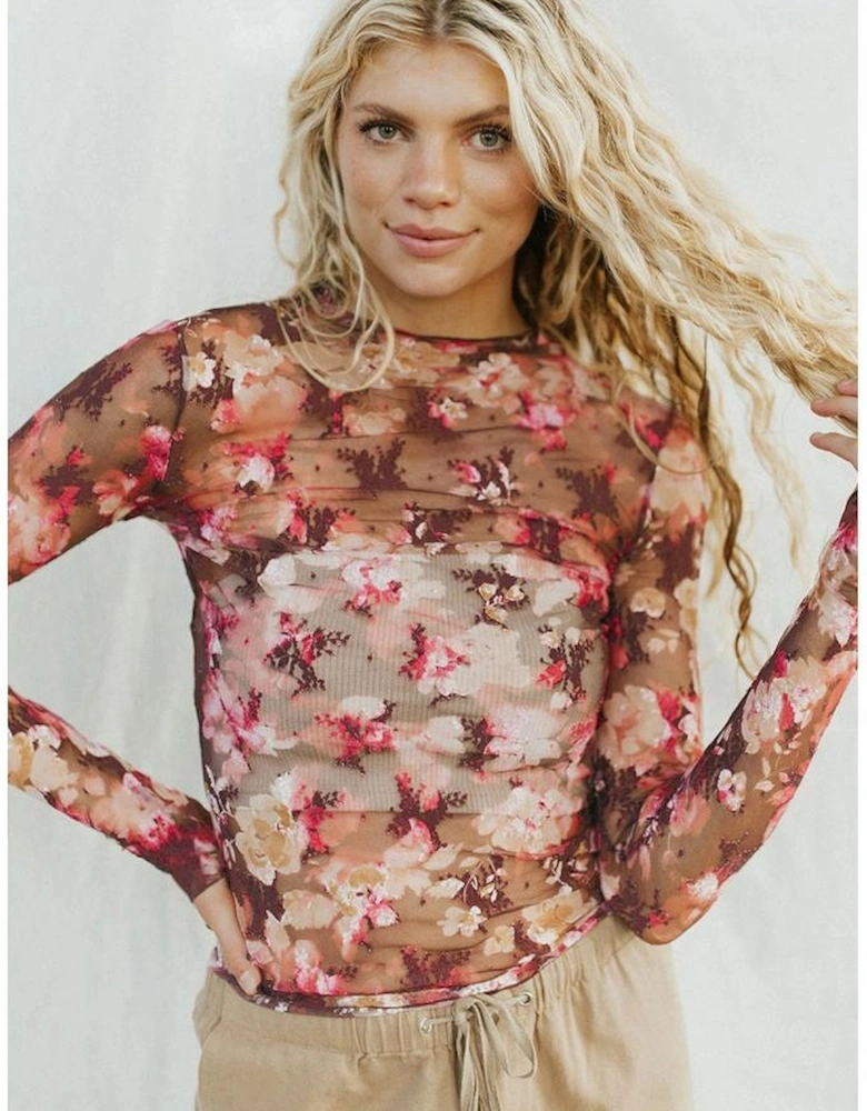 Red Floral Print Sheer Mesh Long Sleeve Top