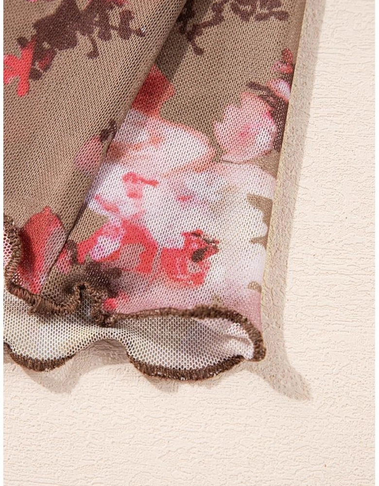 Red Floral Print Sheer Mesh Long Sleeve Top