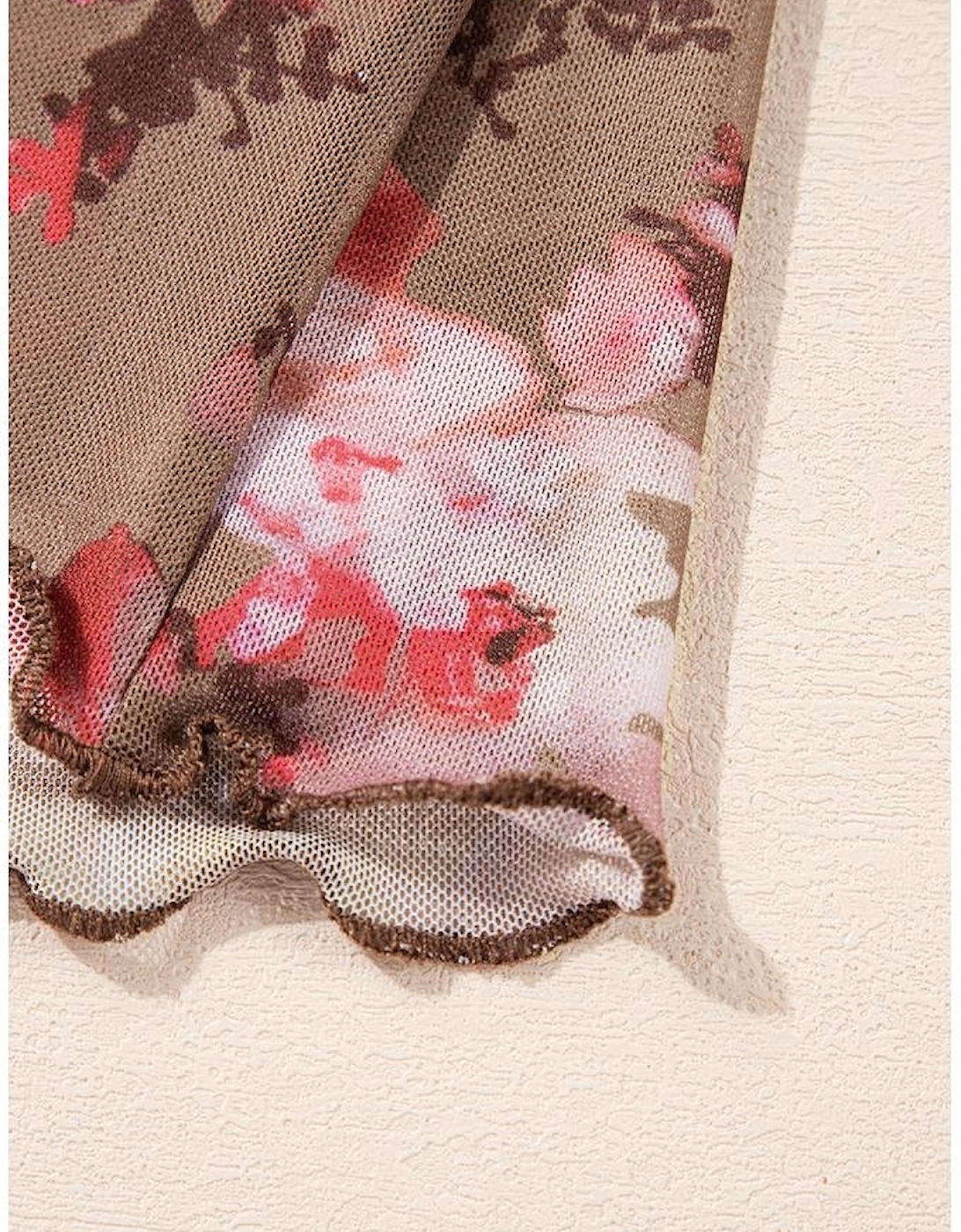 Red Floral Print Sheer Mesh Long Sleeve Top