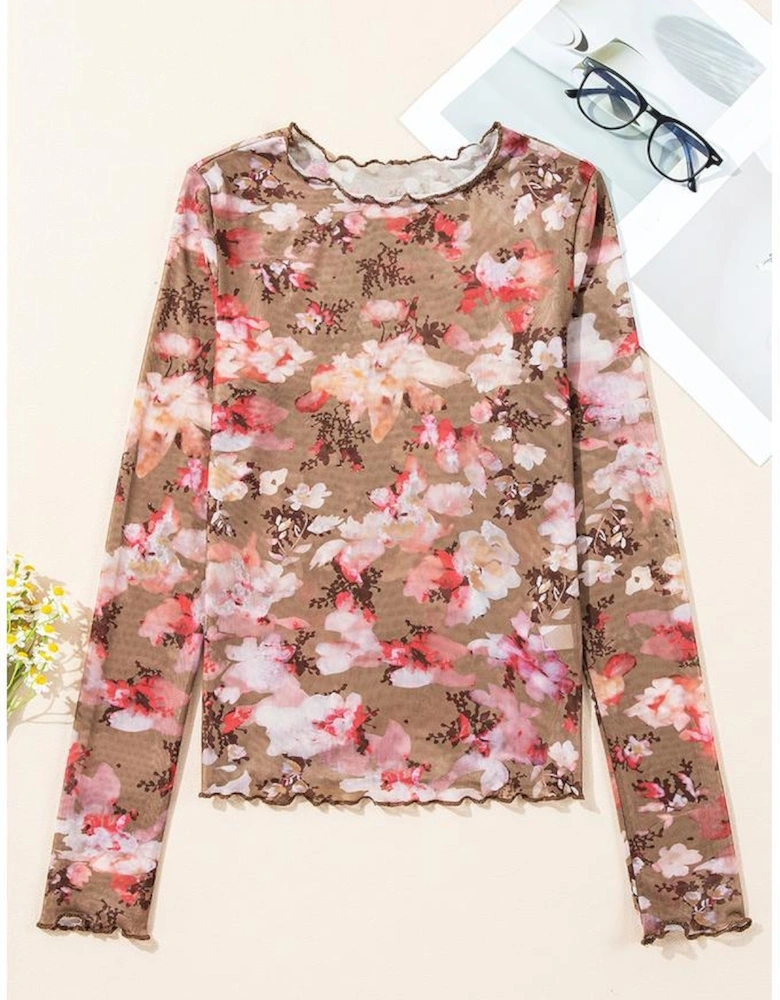 Red Floral Print Sheer Mesh Long Sleeve Top