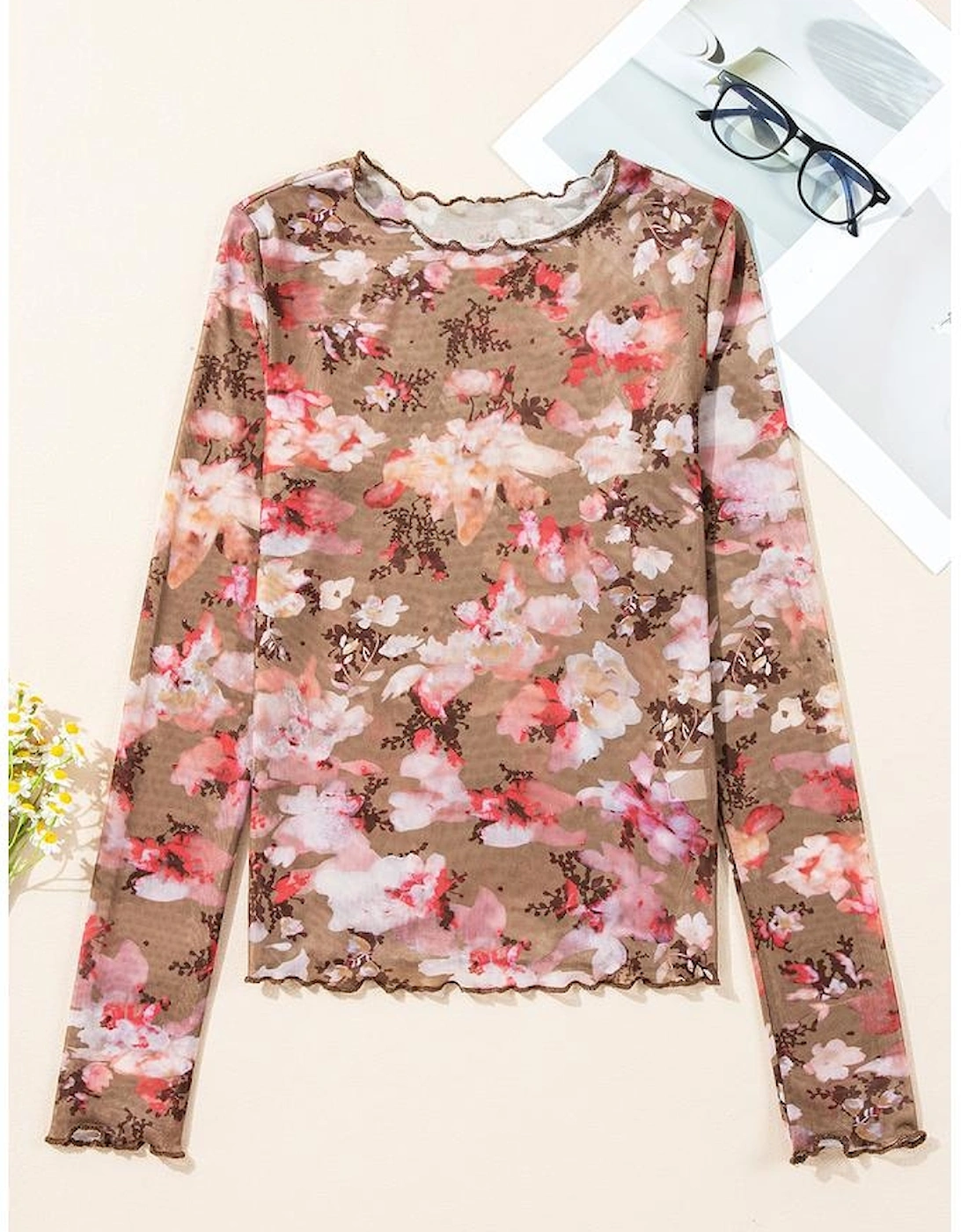Red Floral Print Sheer Mesh Long Sleeve Top