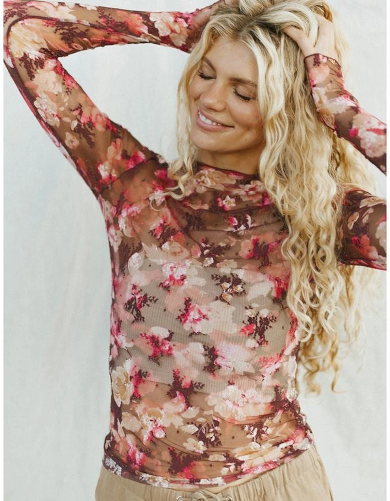 Red Floral Print Sheer Mesh Long Sleeve Top