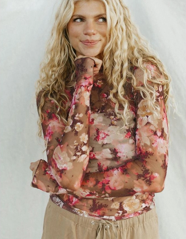 Red Floral Print Sheer Mesh Long Sleeve Top