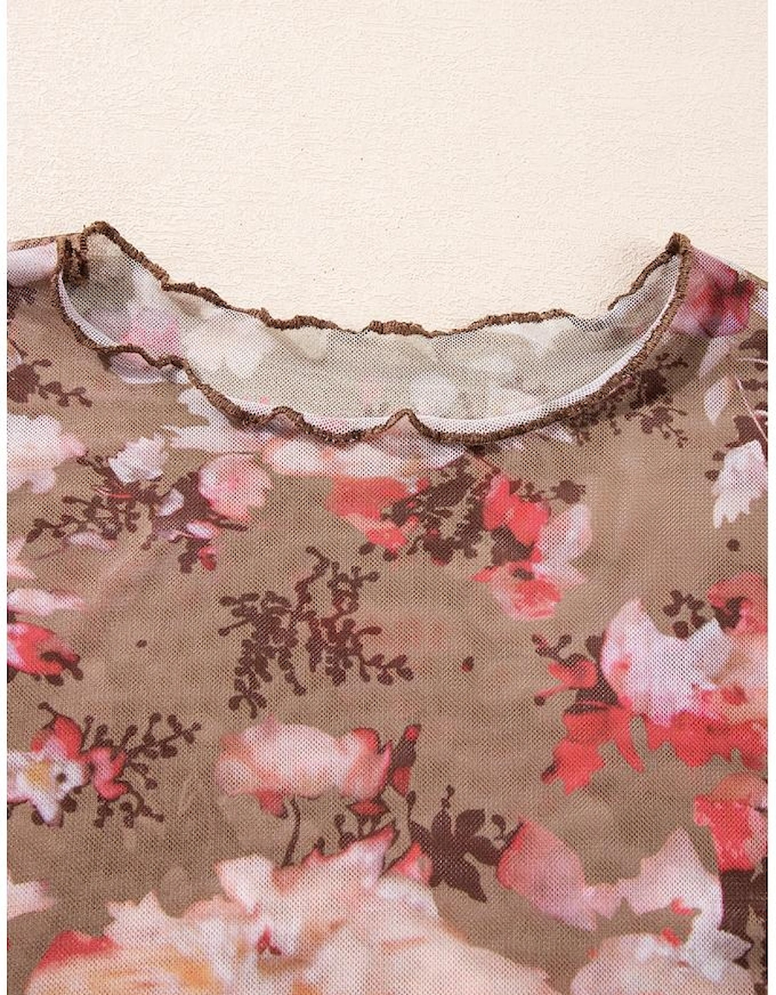 Red Floral Print Sheer Mesh Long Sleeve Top