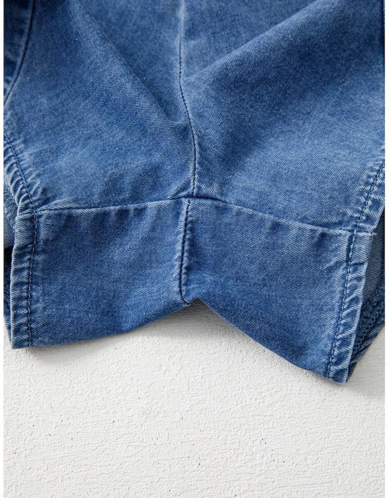 Ashleigh Blue Spaghetti Straps V Neck Belted Ruffled Leg Chambray Romper