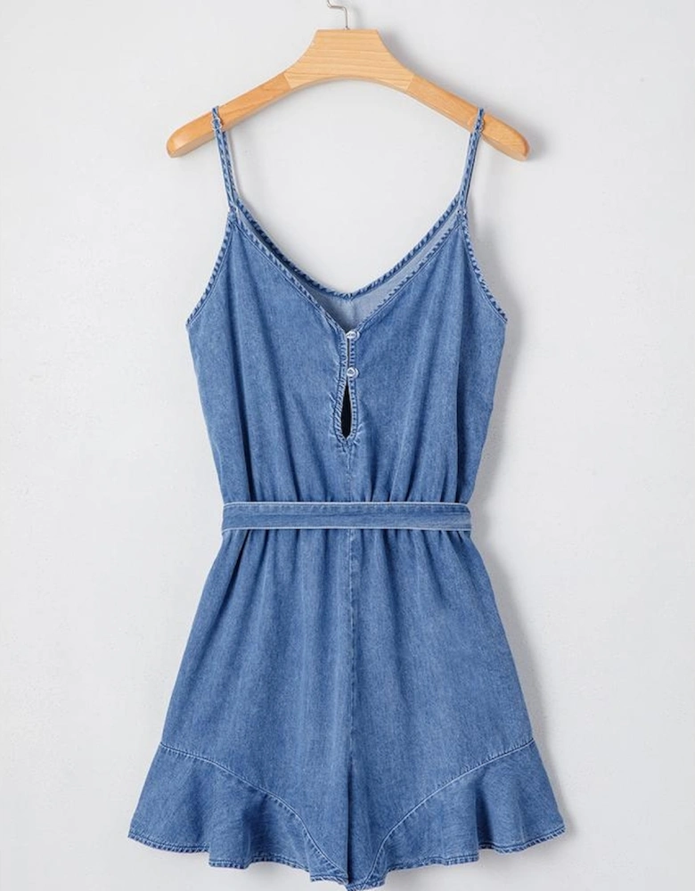 Ashleigh Blue Spaghetti Straps V Neck Belted Ruffled Leg Chambray Romper