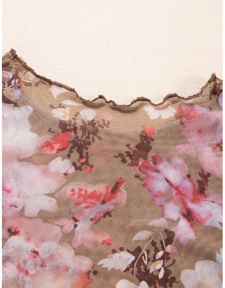 Red Floral Print Sheer Mesh Long Sleeve Top