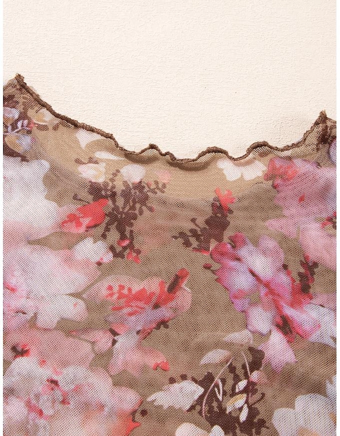 Red Floral Print Sheer Mesh Long Sleeve Top