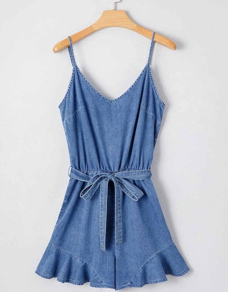 Ashleigh Blue Spaghetti Straps V Neck Belted Ruffled Leg Chambray Romper