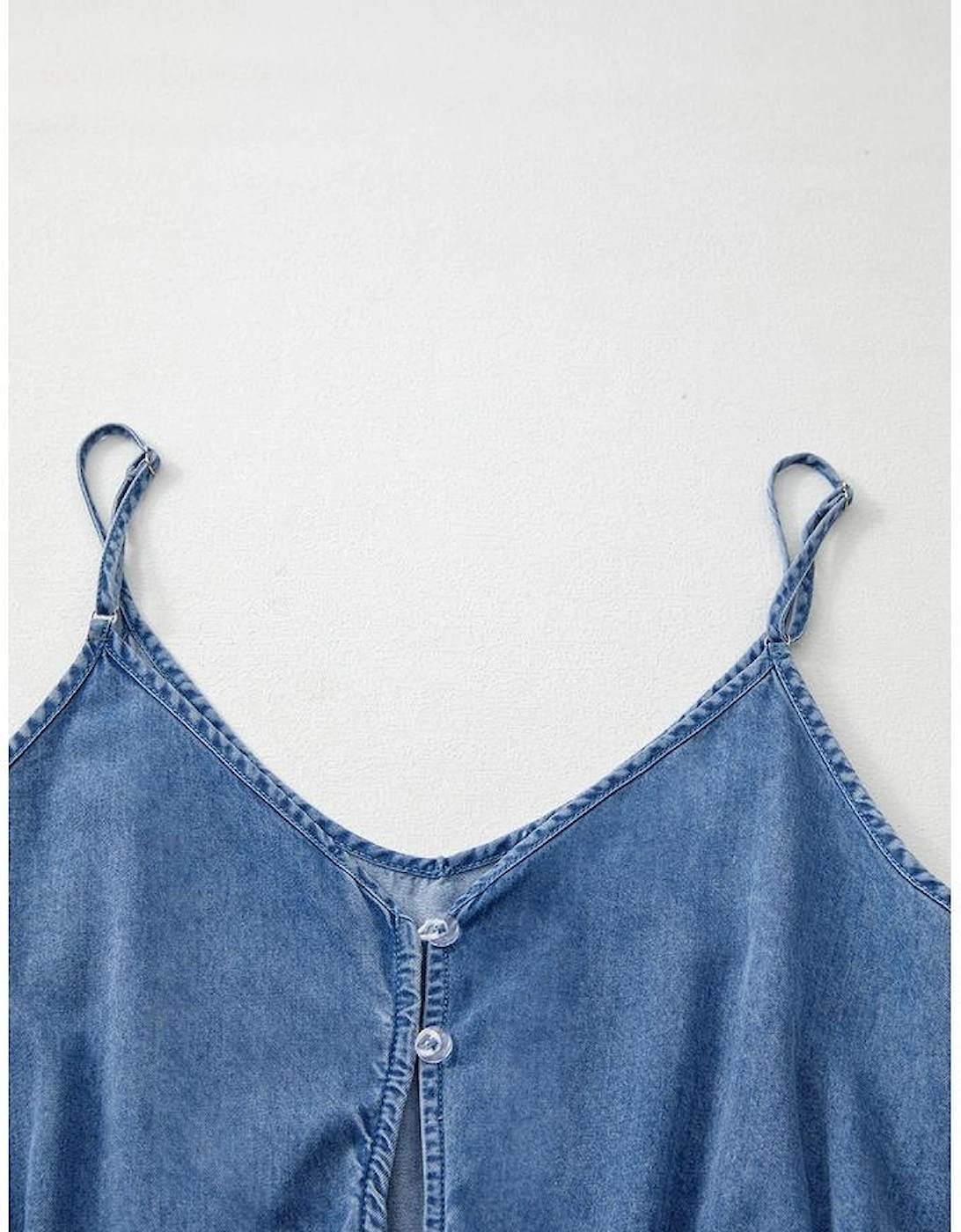 Ashleigh Blue Spaghetti Straps V Neck Belted Ruffled Leg Chambray Romper