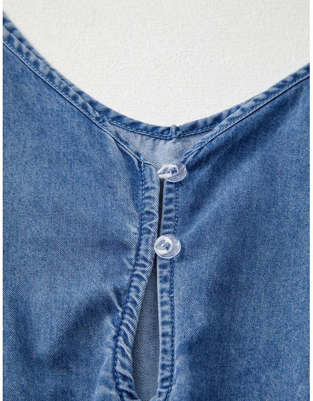 Ashleigh Blue Spaghetti Straps V Neck Belted Ruffled Leg Chambray Romper