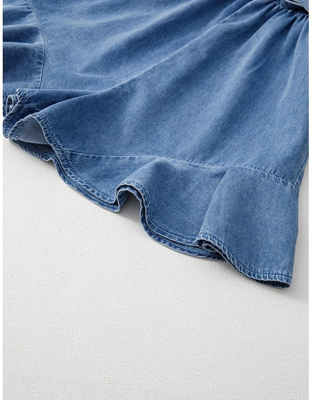 Ashleigh Blue Spaghetti Straps V Neck Belted Ruffled Leg Chambray Romper