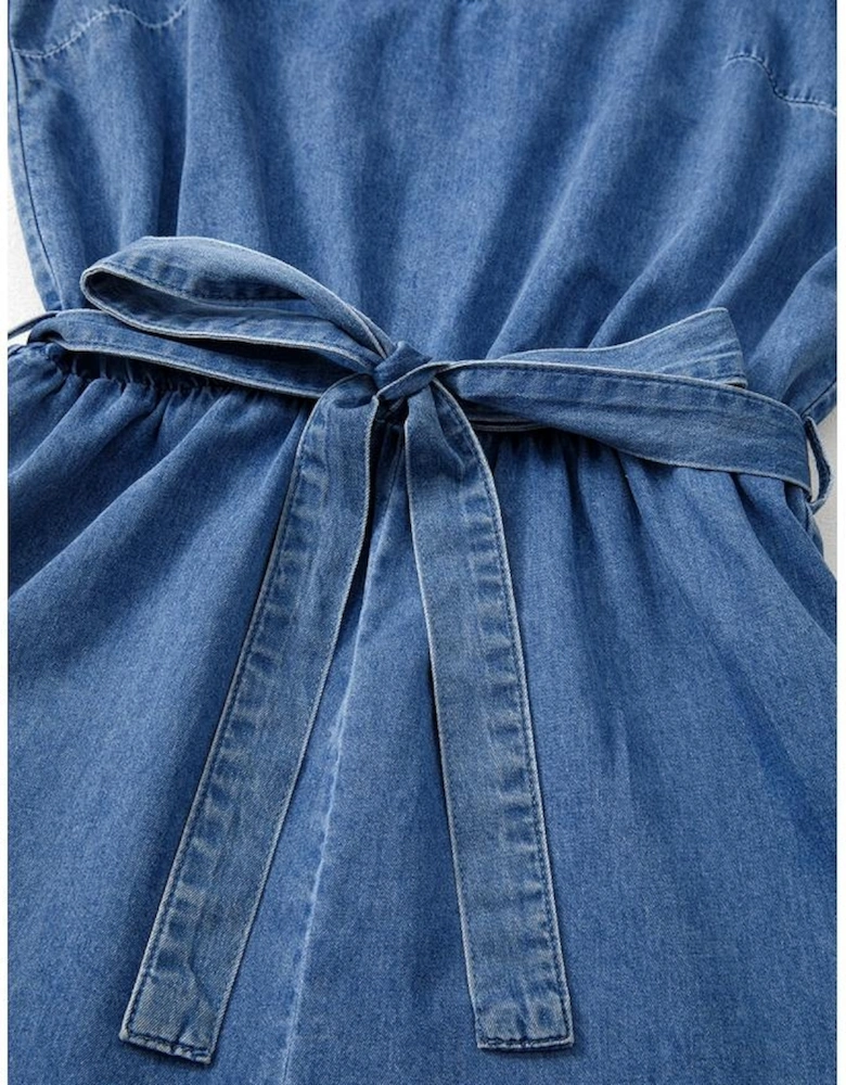 Ashleigh Blue Spaghetti Straps V Neck Belted Ruffled Leg Chambray Romper