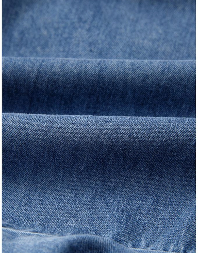 Ashleigh Blue Spaghetti Straps V Neck Belted Ruffled Leg Chambray Romper