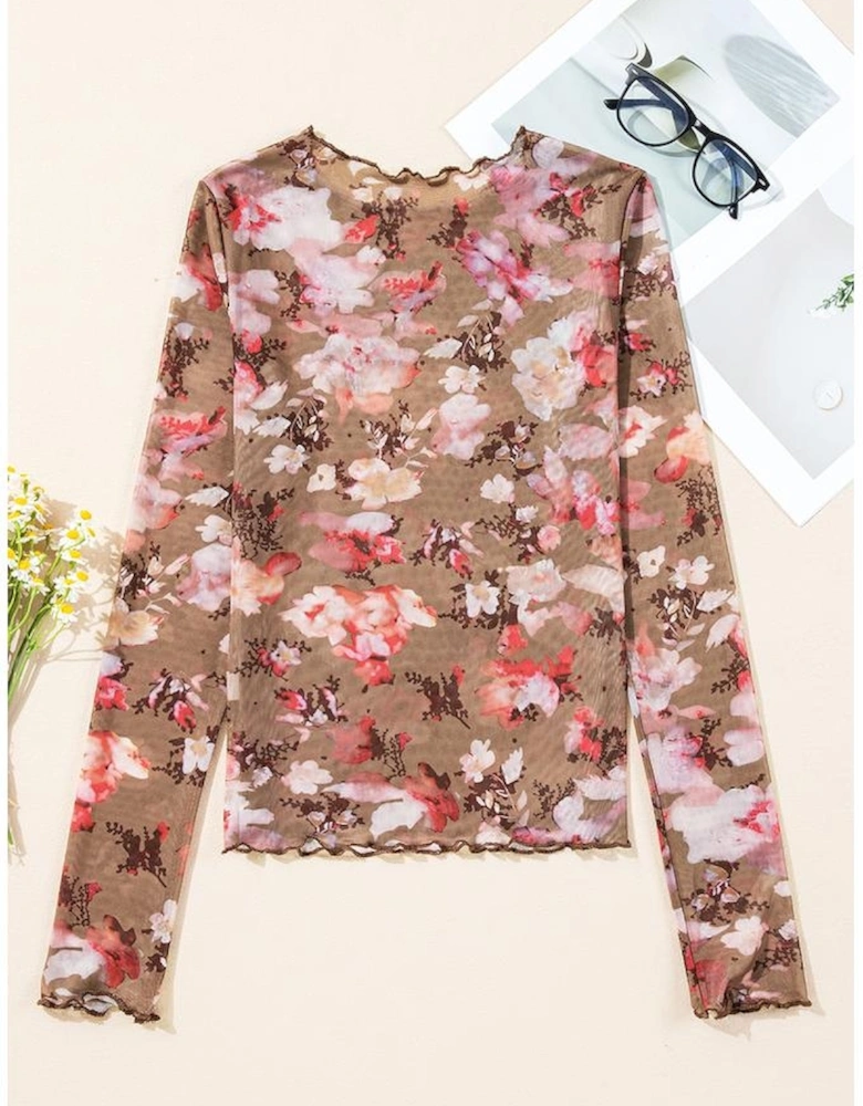 Red Floral Print Sheer Mesh Long Sleeve Top