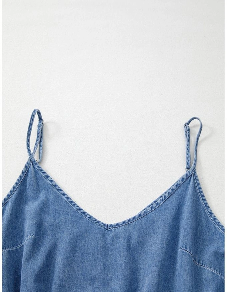 Ashleigh Blue Spaghetti Straps V Neck Belted Ruffled Leg Chambray Romper