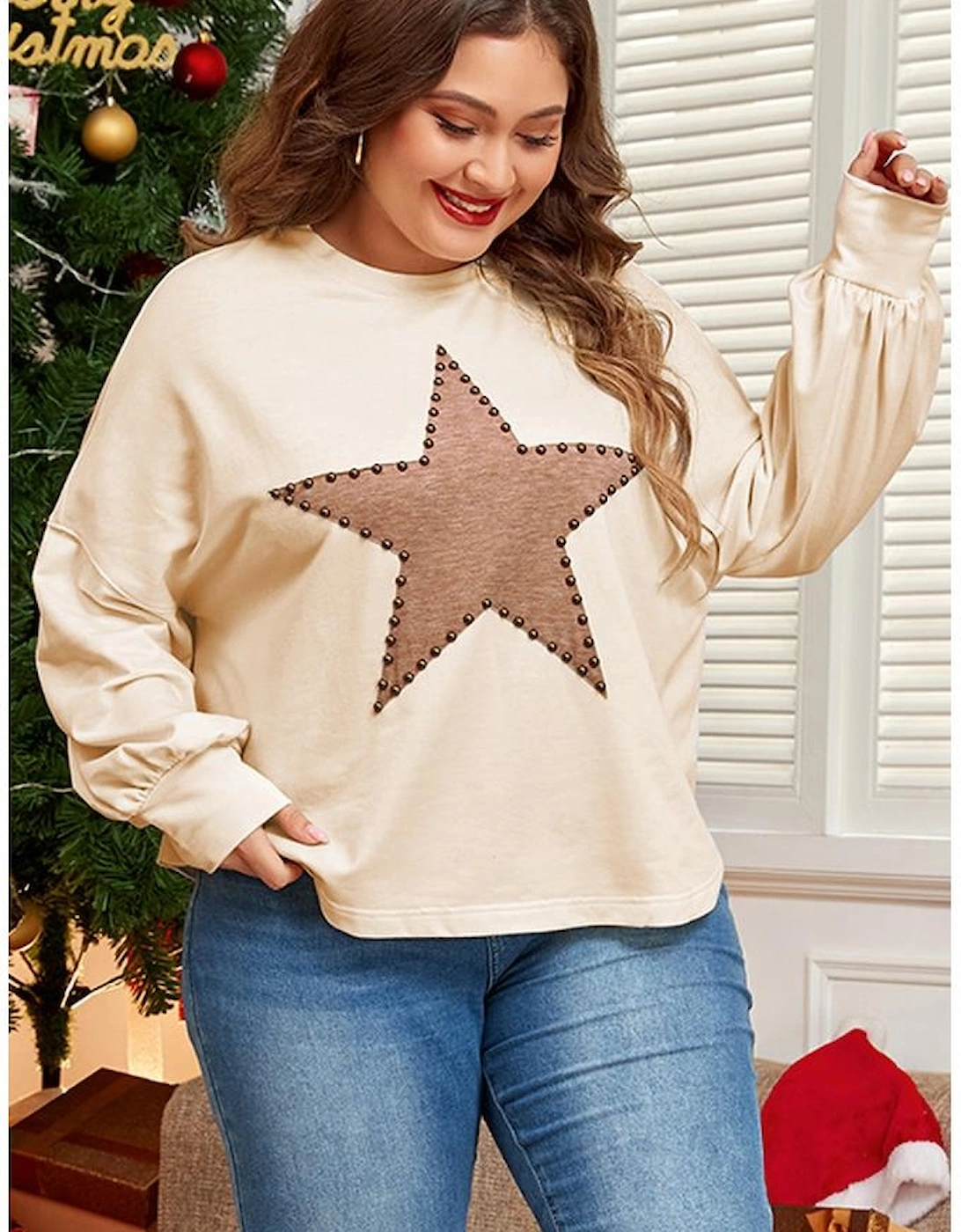 Beige Star Shape Studded Crew Neck Plus Size T Shirt
