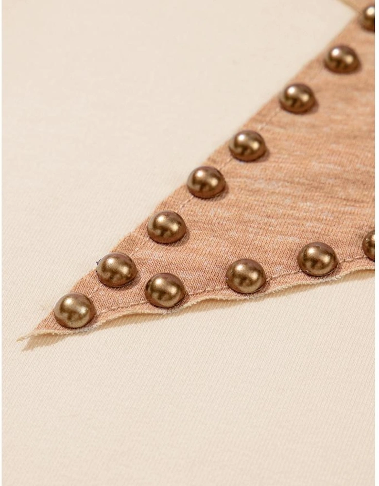 Beige Star Shape Studded Crew Neck Plus Size T Shirt