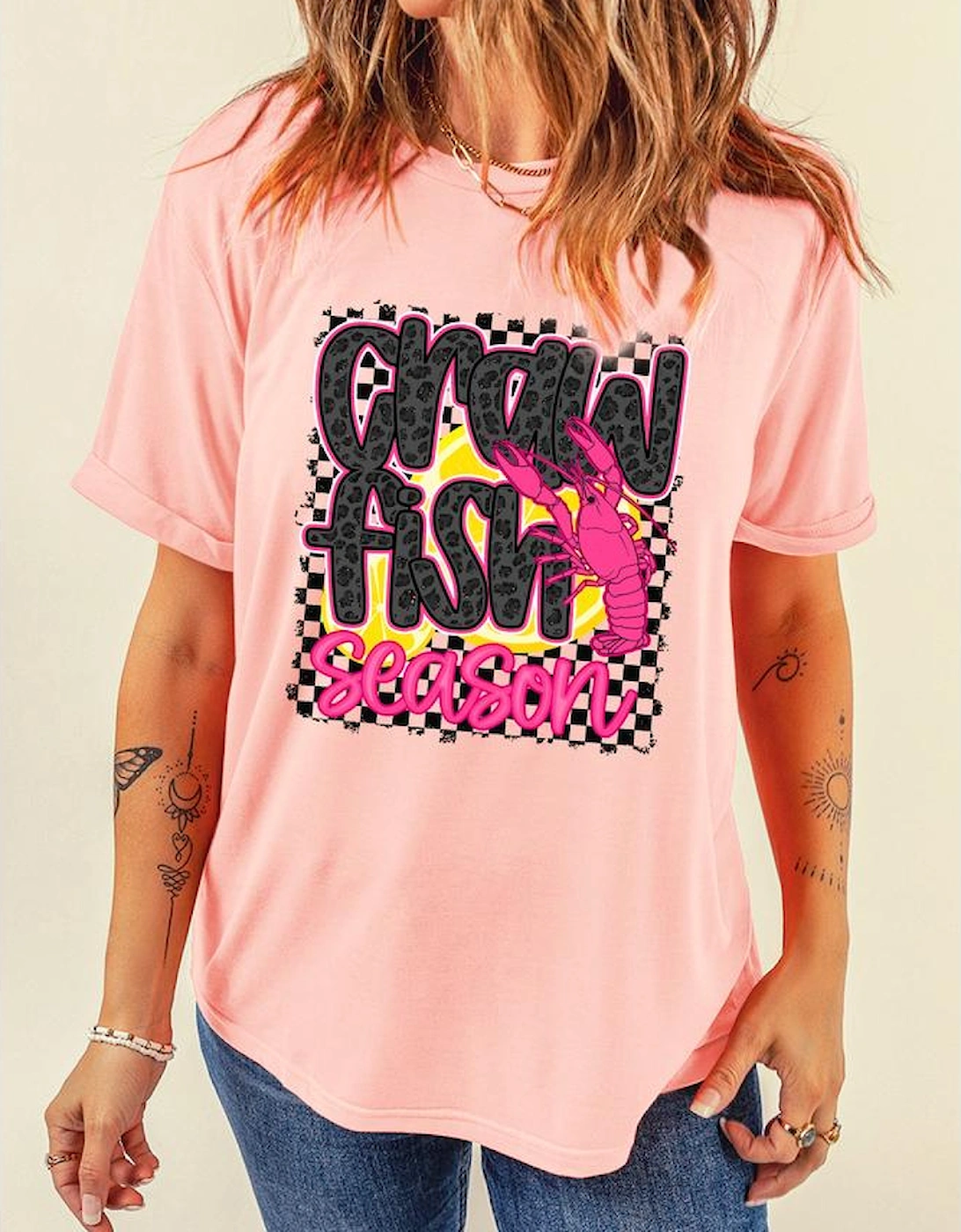 Pink Crawfish Season Graphic Casual Tee
