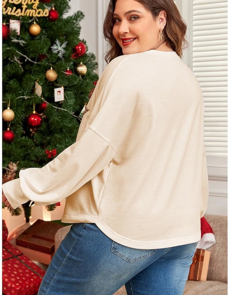 Beige Star Shape Studded Crew Neck Plus Size T Shirt
