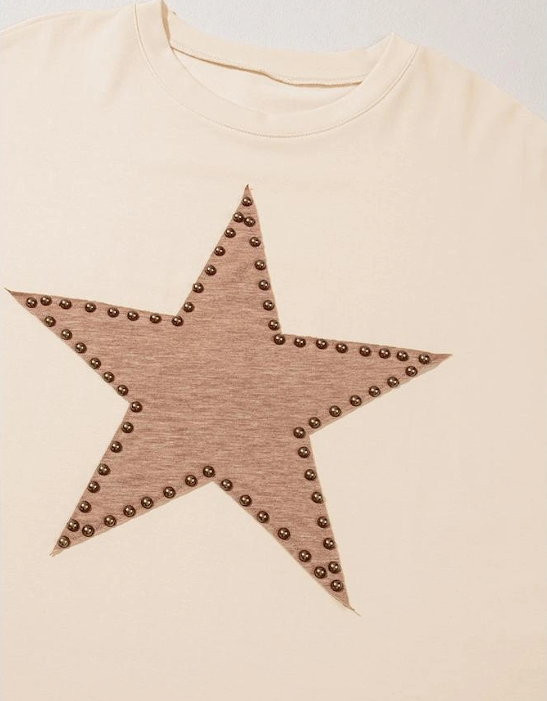 Beige Star Shape Studded Crew Neck Plus Size T Shirt