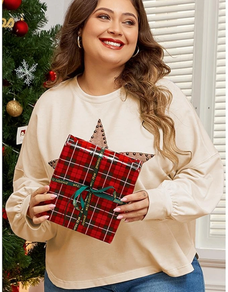 Beige Star Shape Studded Crew Neck Plus Size T Shirt