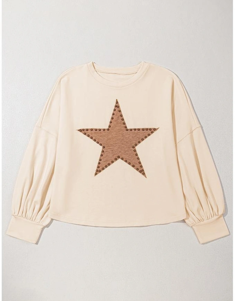 Beige Star Shape Studded Crew Neck Plus Size T Shirt