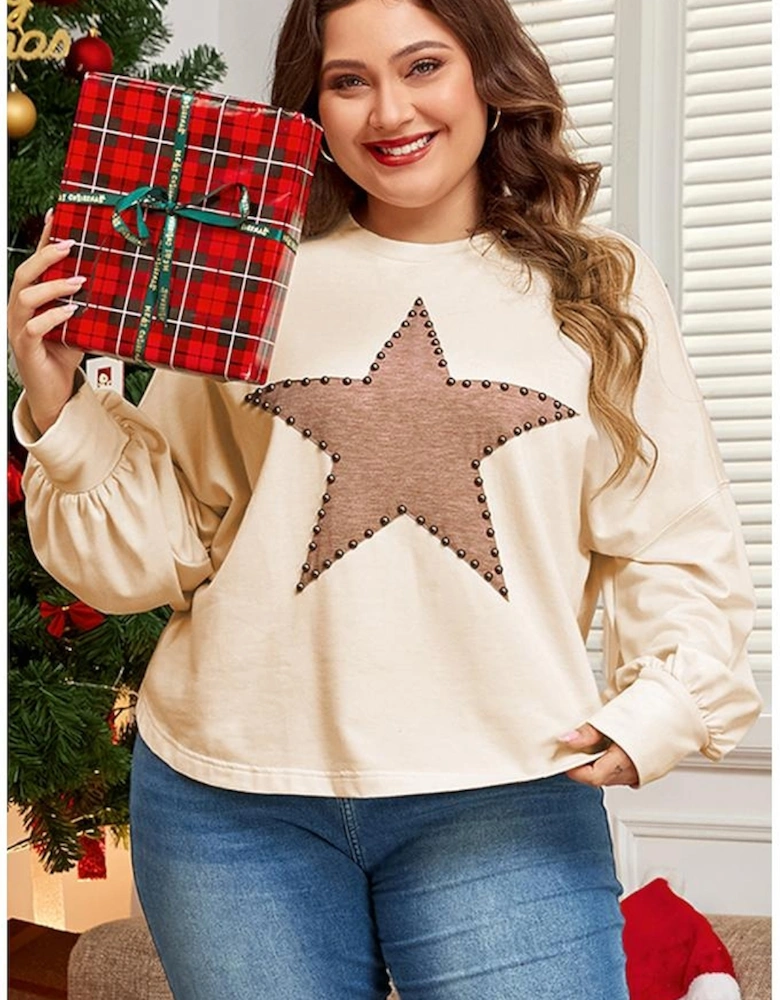 Beige Star Shape Studded Crew Neck Plus Size T Shirt
