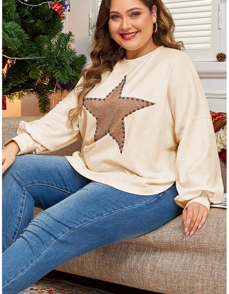 Beige Star Shape Studded Crew Neck Plus Size T Shirt