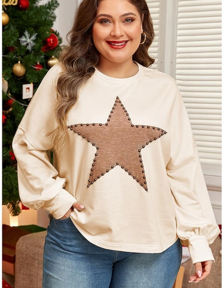 Beige Star Shape Studded Crew Neck Plus Size T Shirt