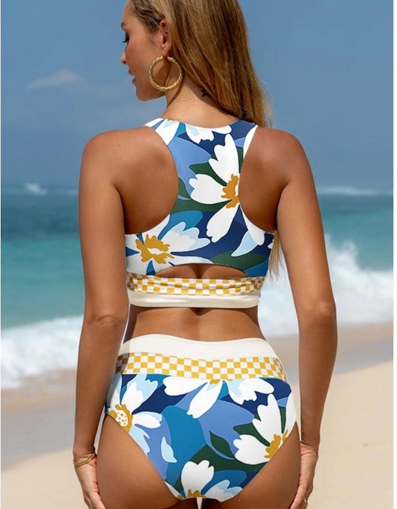 Green Floral Print Racerback Cutout High Waist 2pcs Bikini