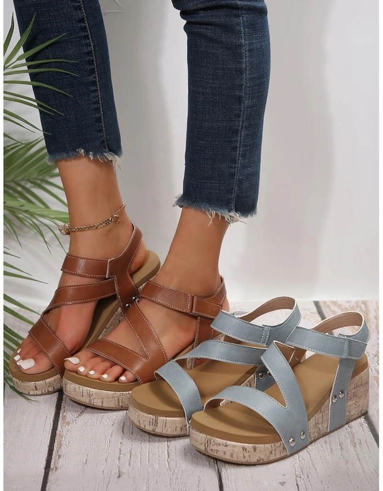 Azura Exchange Chestnut Hollow Out Velcro Leather Wedge Sandals