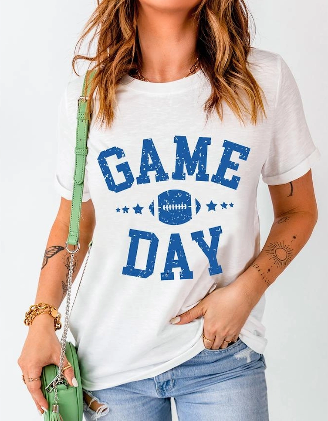 White GAME DAY Rugby Football Graphic Crewneck T Shirt
