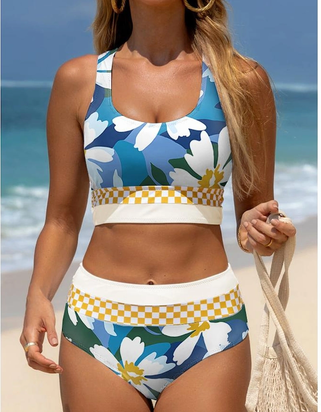 Green Floral Print Racerback Cutout High Waist 2pcs Bikini