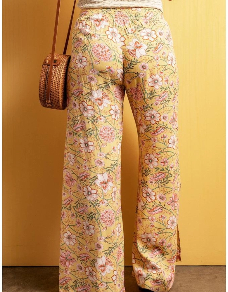 Yellow Floral Print High Slit Wide Leg Pants