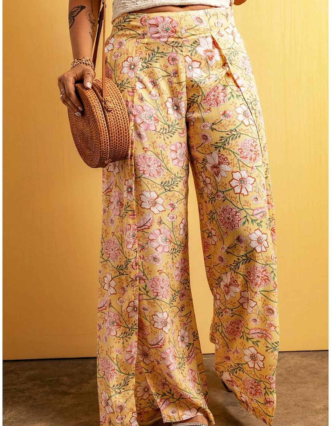 Yellow Floral Print High Slit Wide Leg Pants