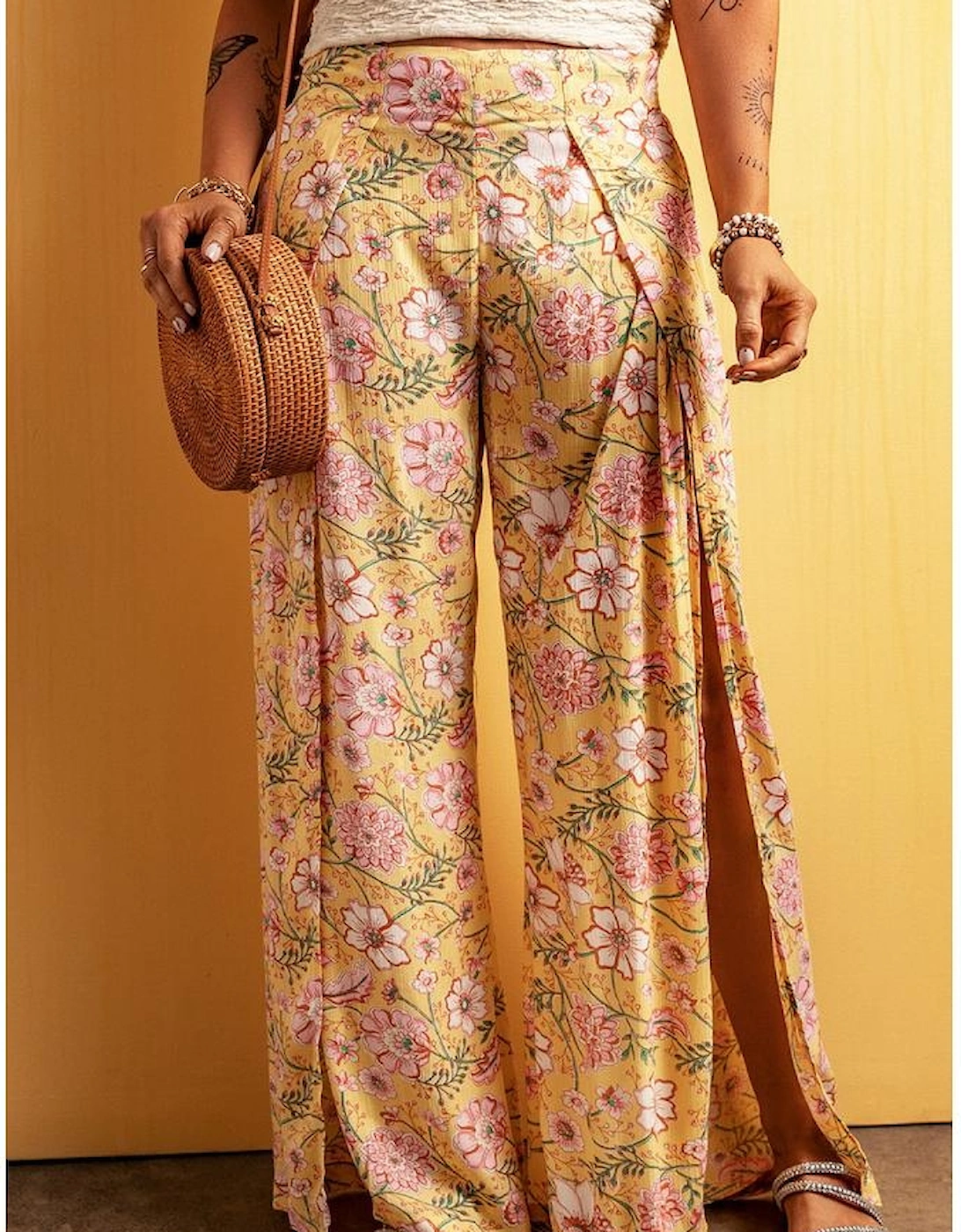 Yellow Floral Print High Slit Wide Leg Pants, 8 of 7