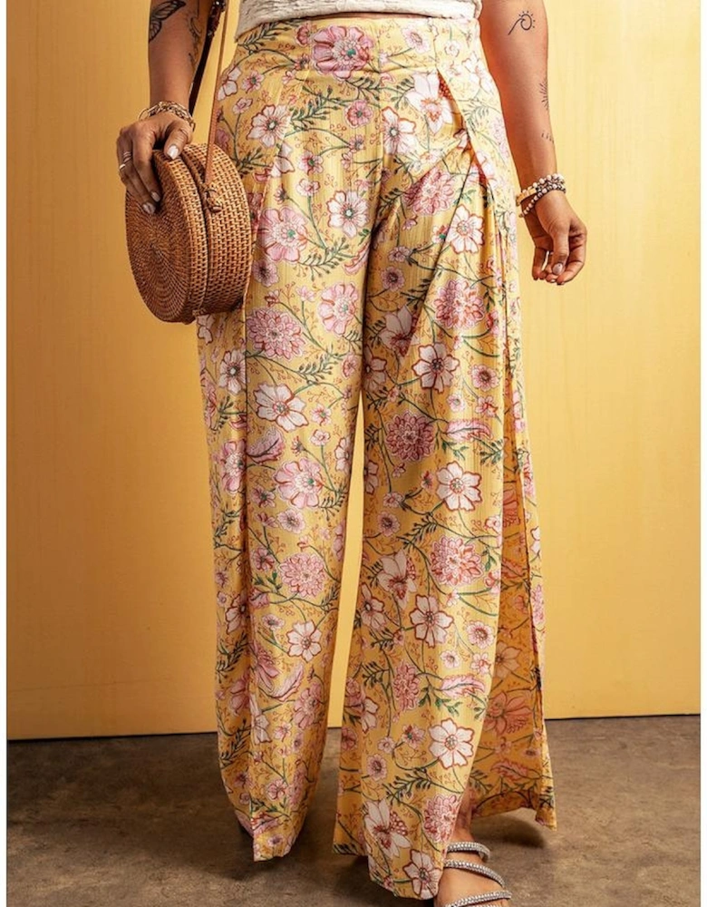 Yellow Floral Print High Slit Wide Leg Pants