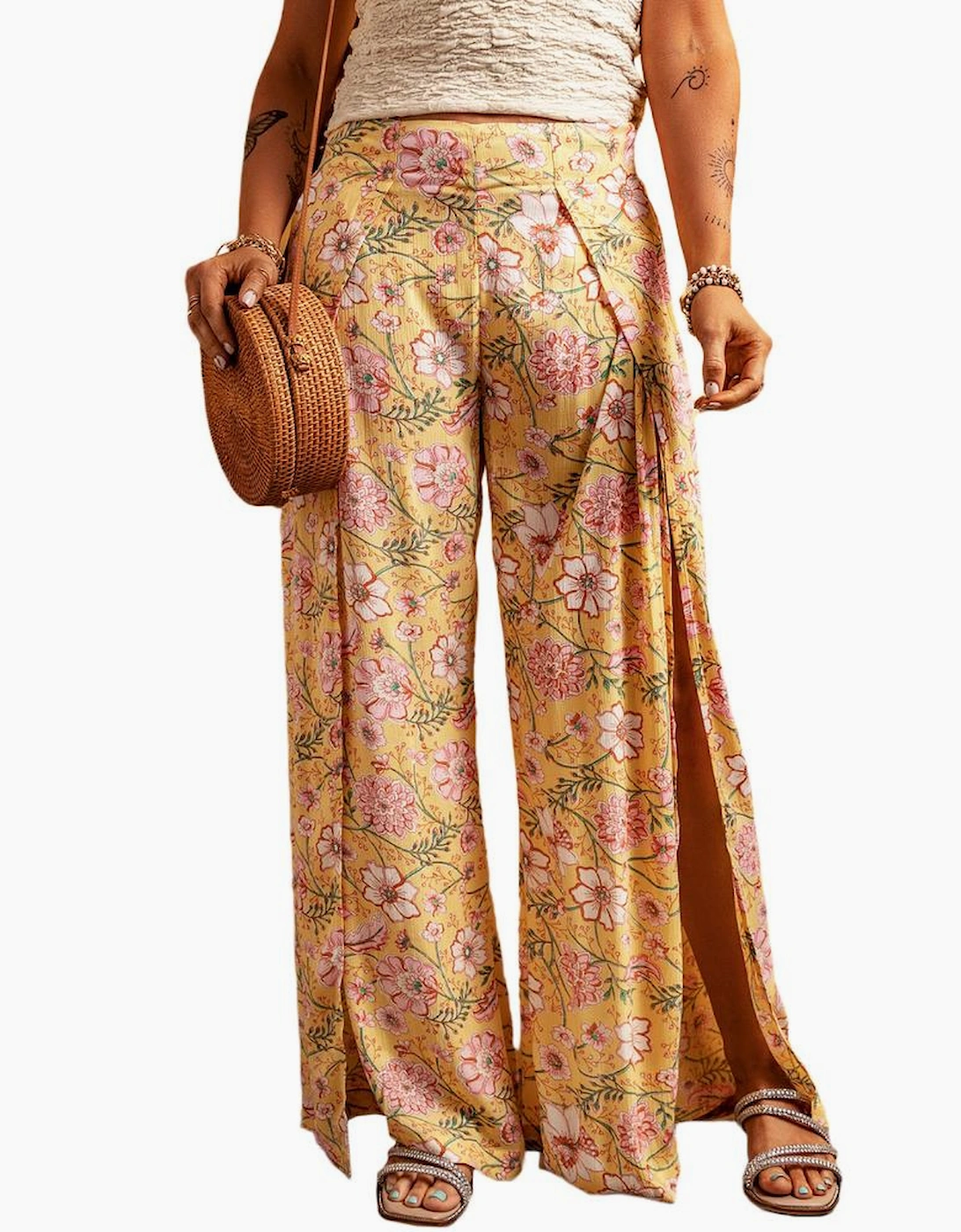 Yellow Floral Print High Slit Wide Leg Pants