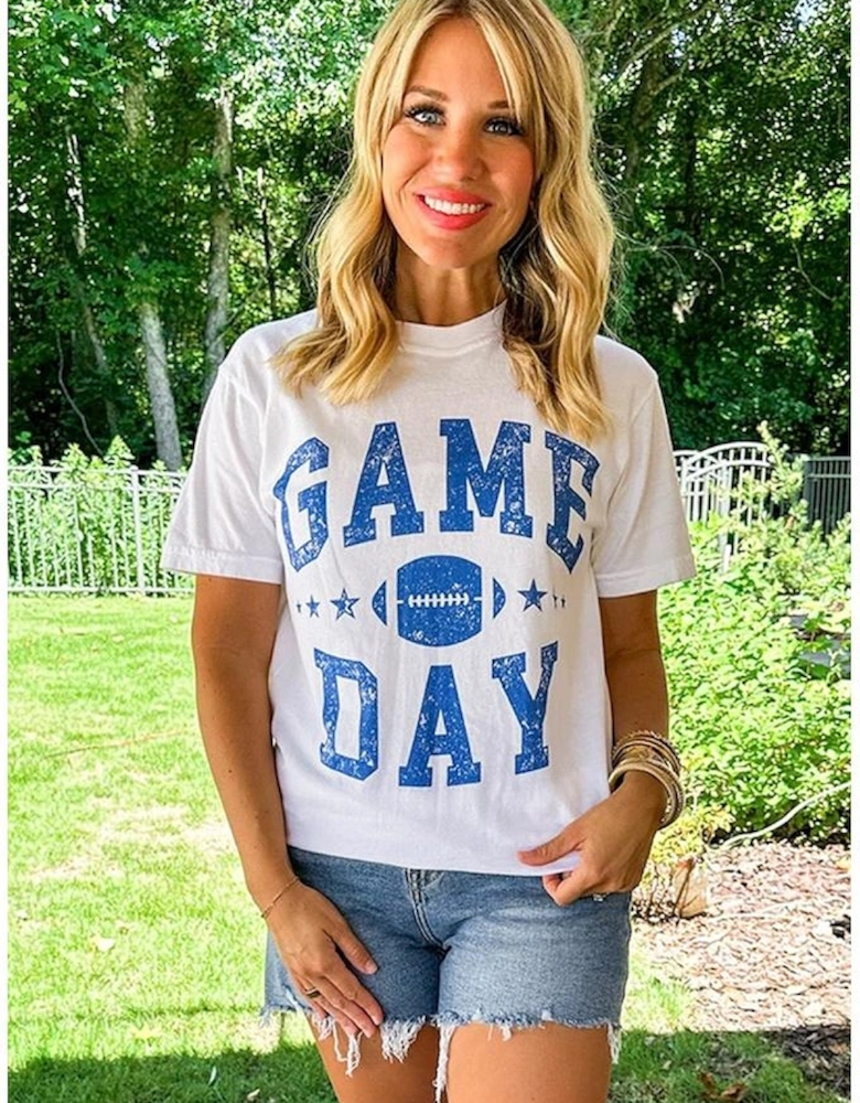White GAME DAY Rugby Football Graphic Crewneck T Shirt