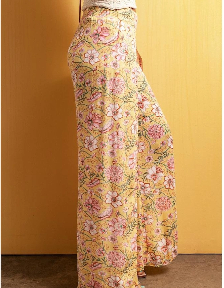 Yellow Floral Print High Slit Wide Leg Pants