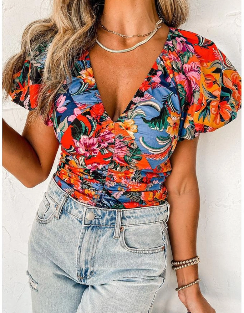 Orange Floral Print Puff Sleeve Ruched V Neck Blouse