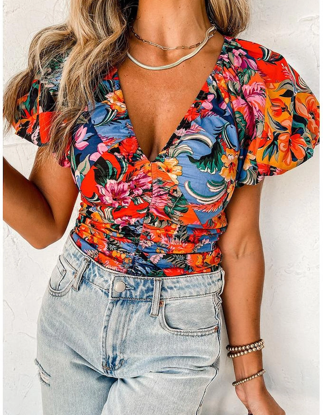 Orange Floral Print Puff Sleeve Ruched V Neck Blouse, 6 of 5