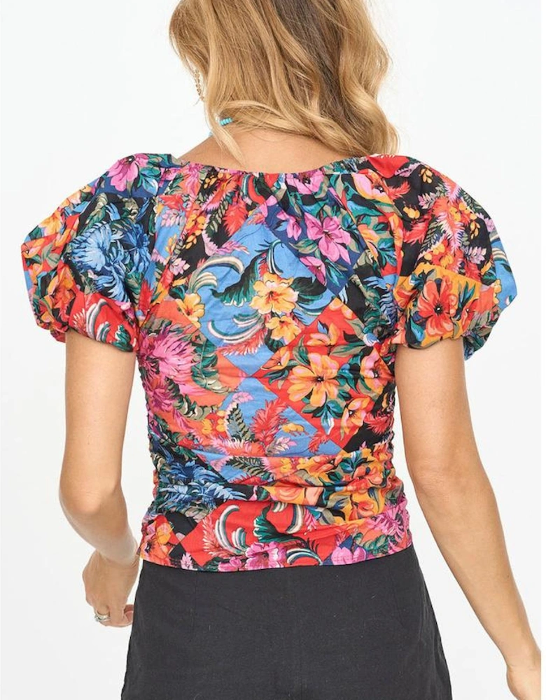 Orange Floral Print Puff Sleeve Ruched V Neck Blouse