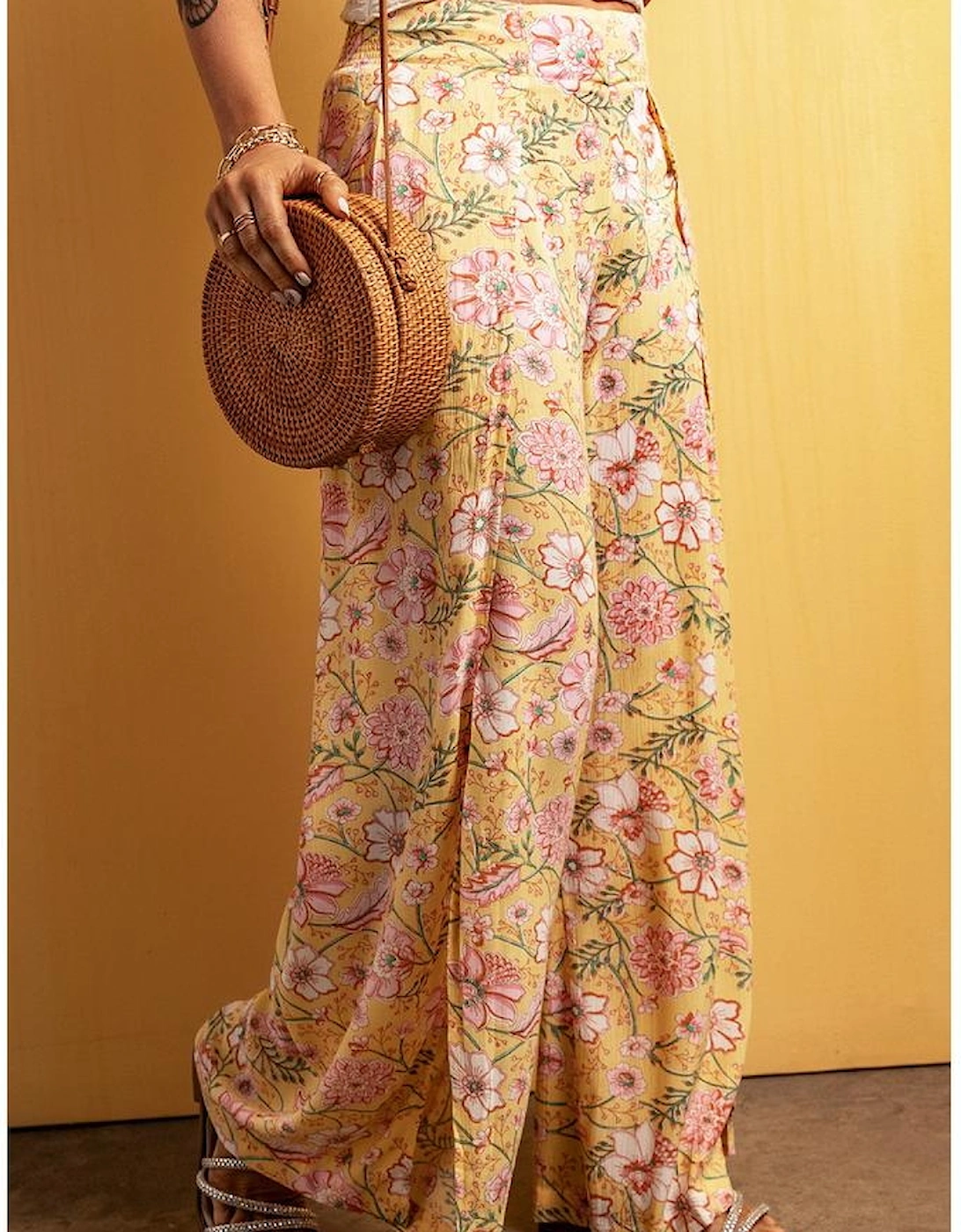 Yellow Floral Print High Slit Wide Leg Pants
