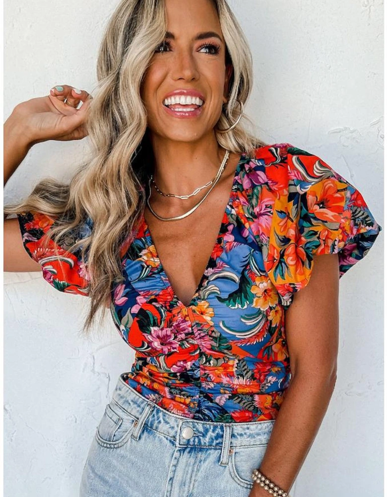 Orange Floral Print Puff Sleeve Ruched V Neck Blouse