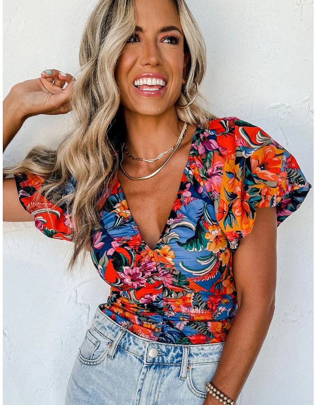 Orange Floral Print Puff Sleeve Ruched V Neck Blouse