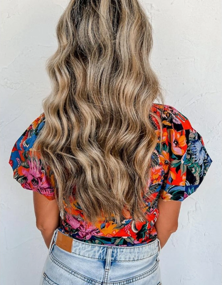 Orange Floral Print Puff Sleeve Ruched V Neck Blouse